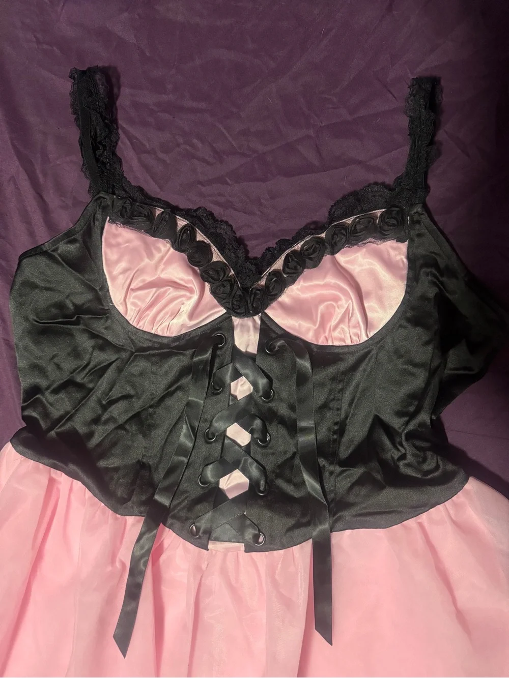 Dolls Kill Black and Pink Satin Lace-Up Babydoll Chemise - Picture 2 of 8